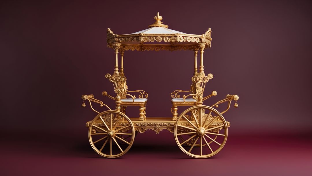 Ornate Golden Carriage with Decorative Canopy and Spoked Wheels