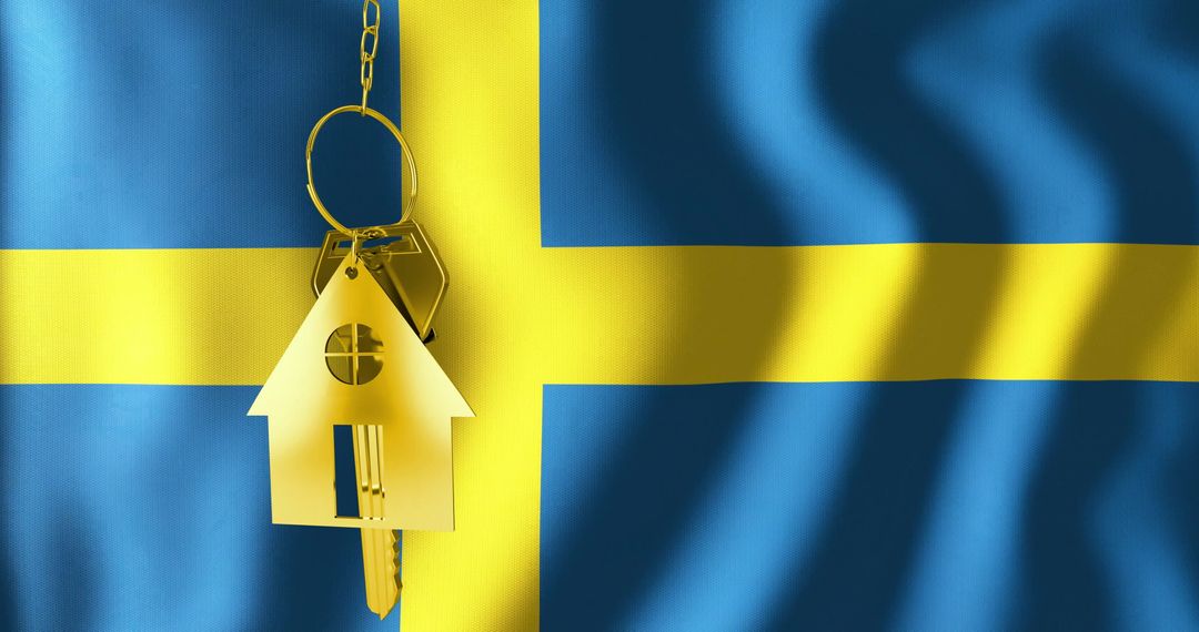 Golden House Key over Waving Swedish Flag Concept
