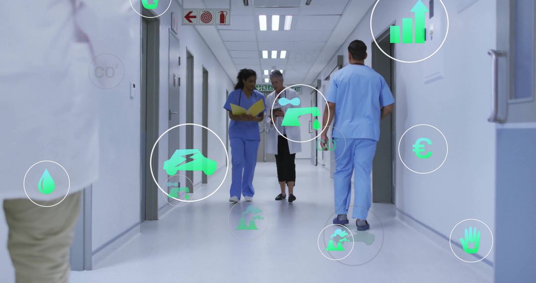 Medical Professionals Walking in Hospital Hallway with Data Interfaces