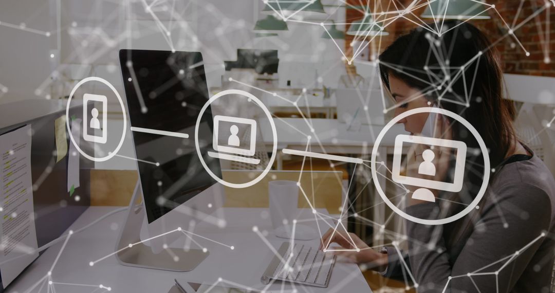 Woman Engaged in Digital Networking with Advanced Tech Interface