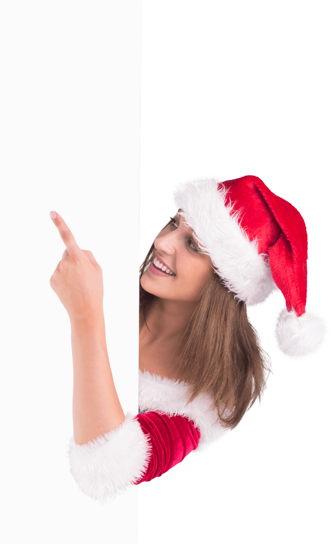 Smiling Woman in Santa Costume Pointing at Transparent Board