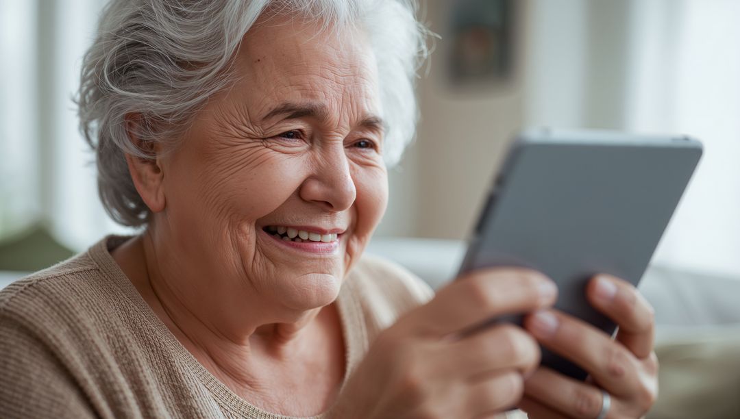 Smiling Senior Woman Engaging with Tablet in Warm Living Room
