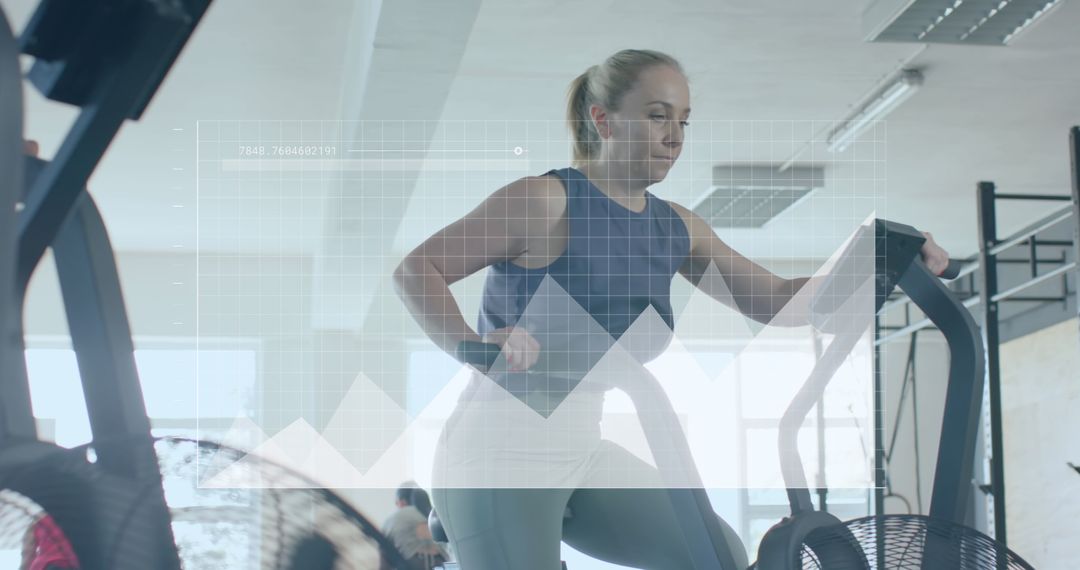 Active Woman Cross Training with Digital Data Overlay in Gym