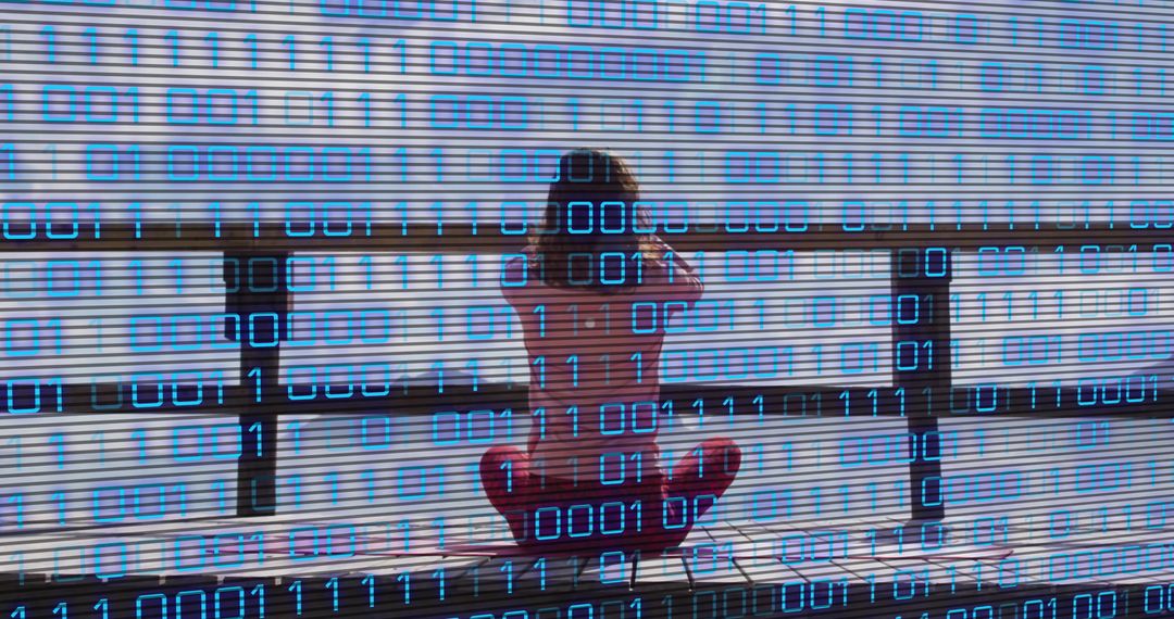 Woman Meditating by Sea with Binary Code Overlay