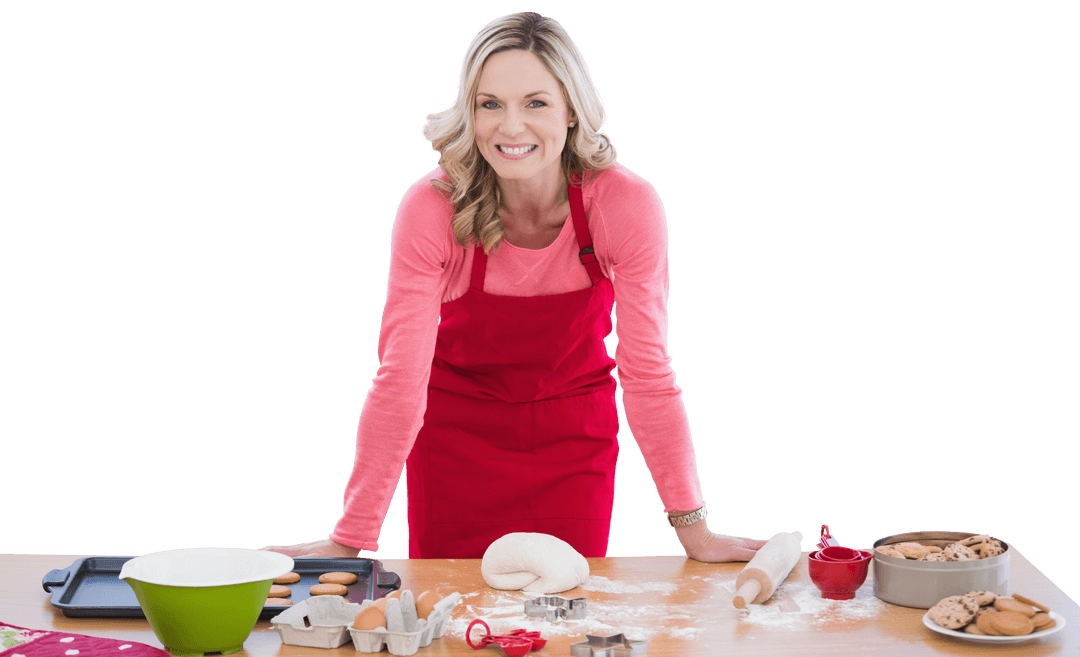 Caucasian Woman Baking in Red Apron on Transparent Background