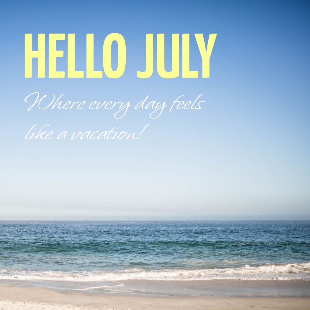 Hello July Greeting on Serene Beachscape