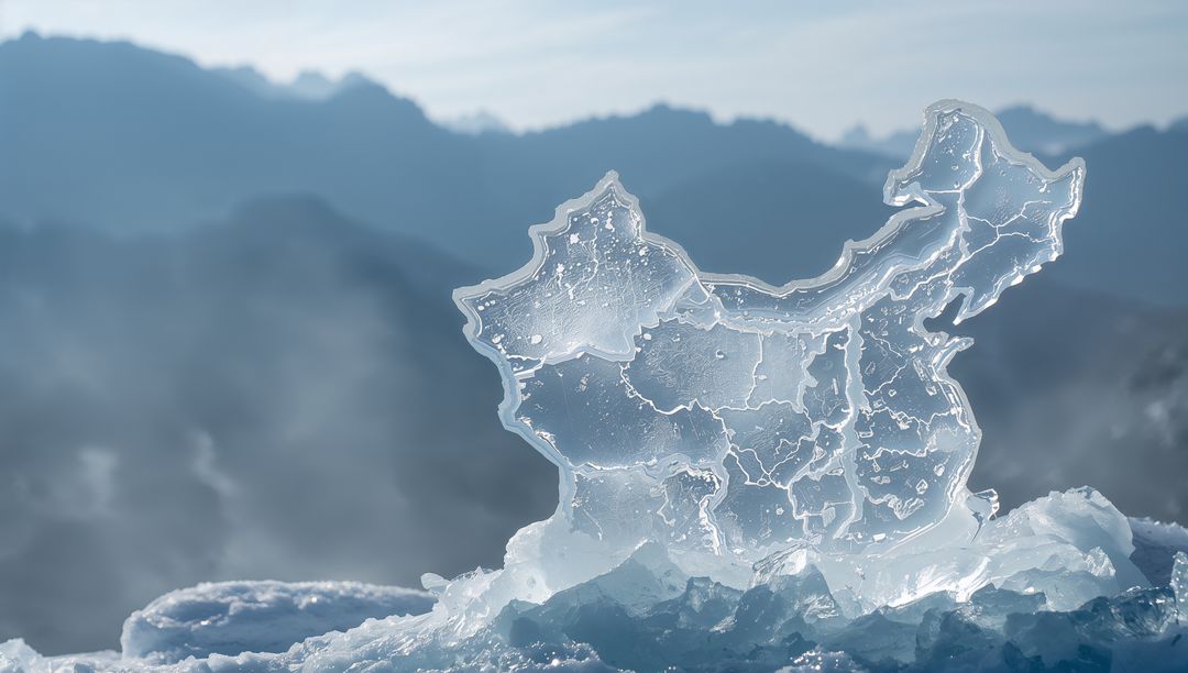 Translucent Ice Sculpture of China Map Against Glacial Background