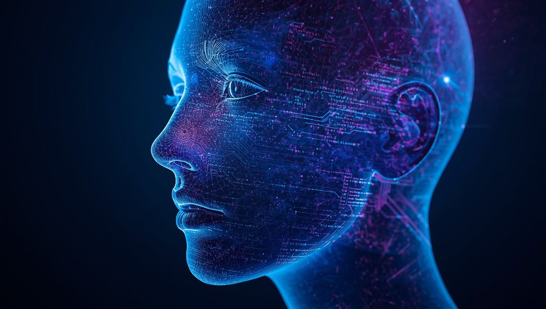 Futuristic Humanoid Head with Neon Circuitry in Digital Void