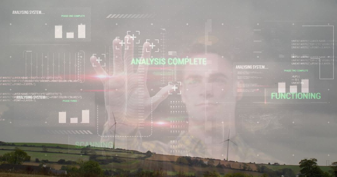 Man Interacting with Holographic Data in Rural Wind Farm Setting