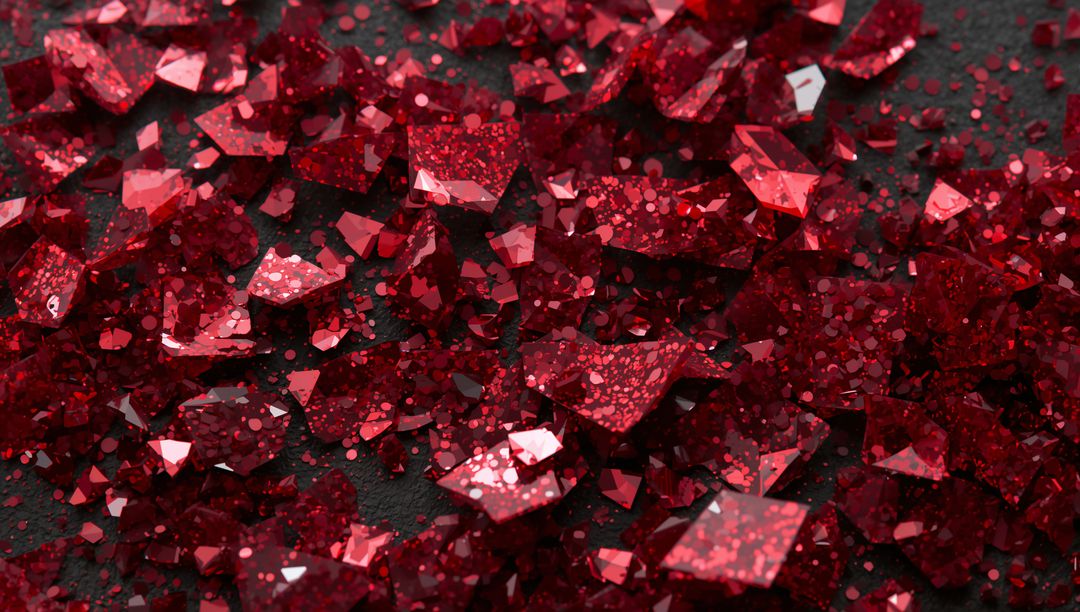 Shimmering red crystal shards scattering across dark textured surface