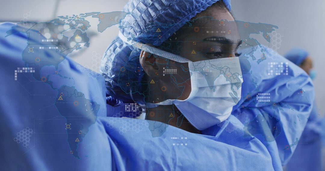 Adjusting surgical gown and mask preparing for global response with world map overlay