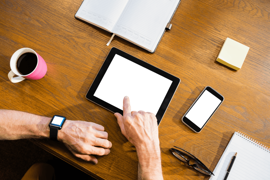 Businessman Using Transparent Tablet in Modern Office Setup