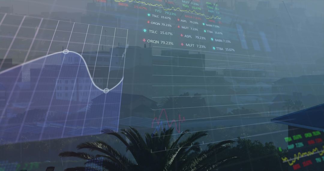 Financial Data Processing Over Modern Cityscape Double Exposure