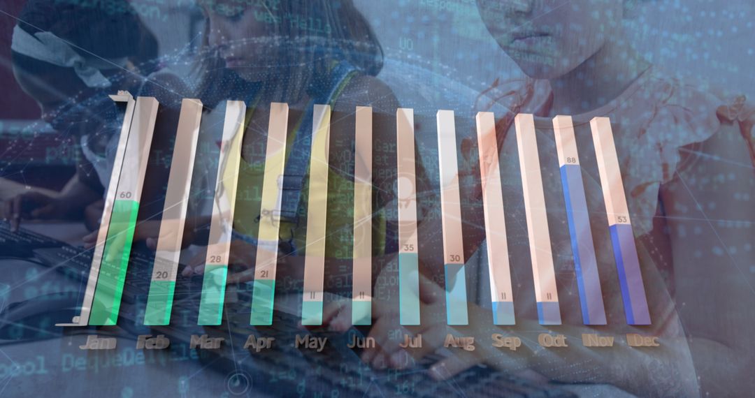 Diverse Students Using Computers with Financial Graph Overlay