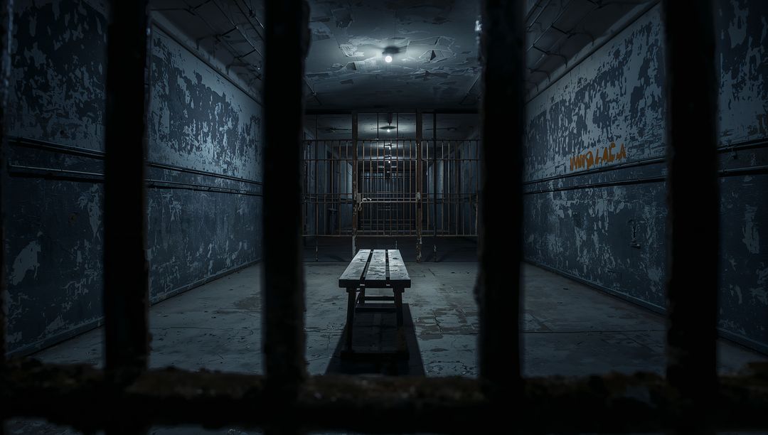 Gritty Abandoned Prison Corridor with Wooden Bench