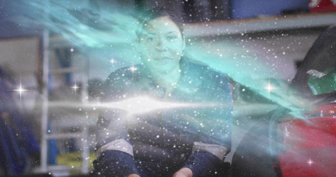 Mechanic in Garage with Futuristic Cosmic Overlay
