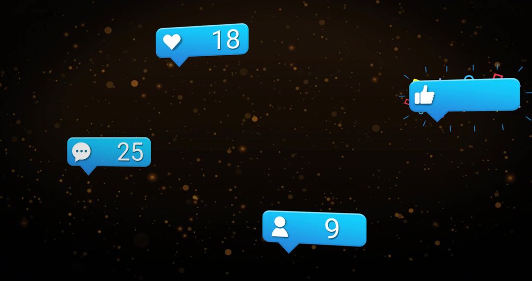 Floating Social Media Notification Bubbles Showing Likes Comments Followers Dark Bokeh Backdrop for 