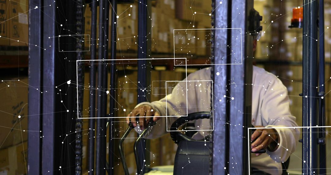Operating forklift driver navigating warehouse racking aisle with digital HUD overlay
