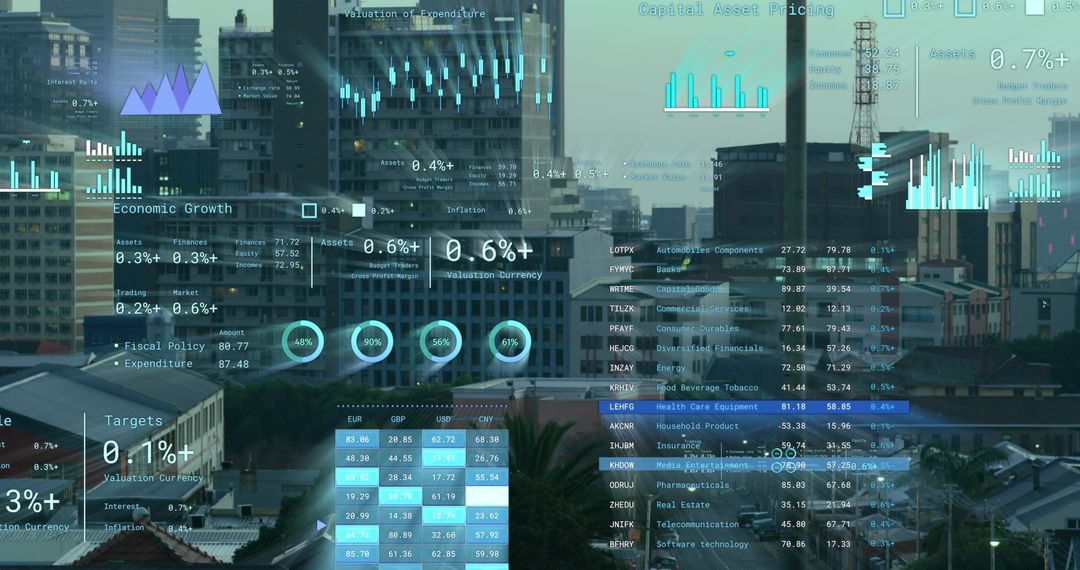 Financial Data Overlay on Urban Skyline Representing Global Business Analysis