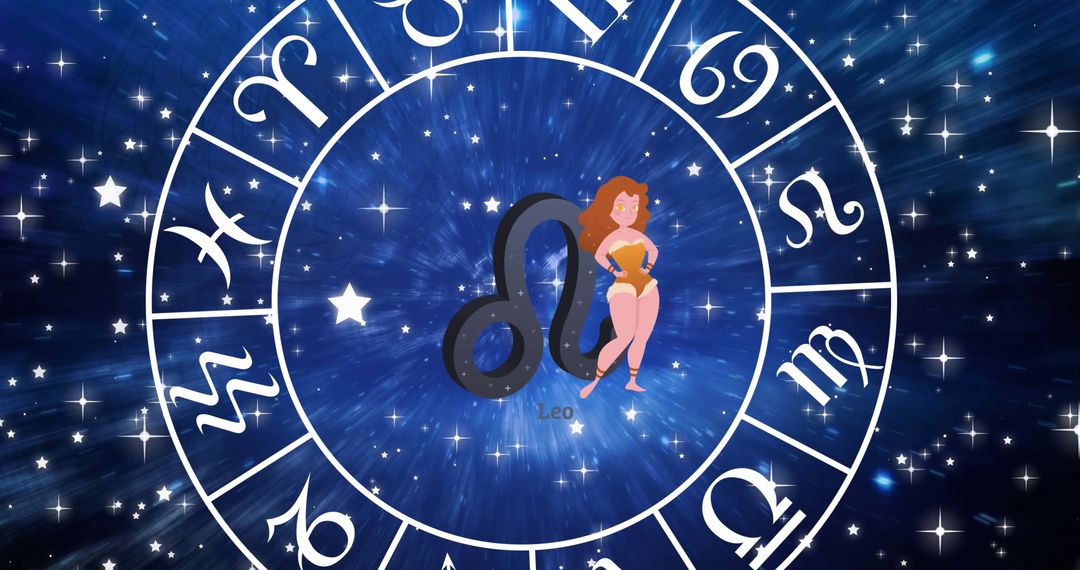 Zodiac Symbols and Leo Illustration on Starry Background
