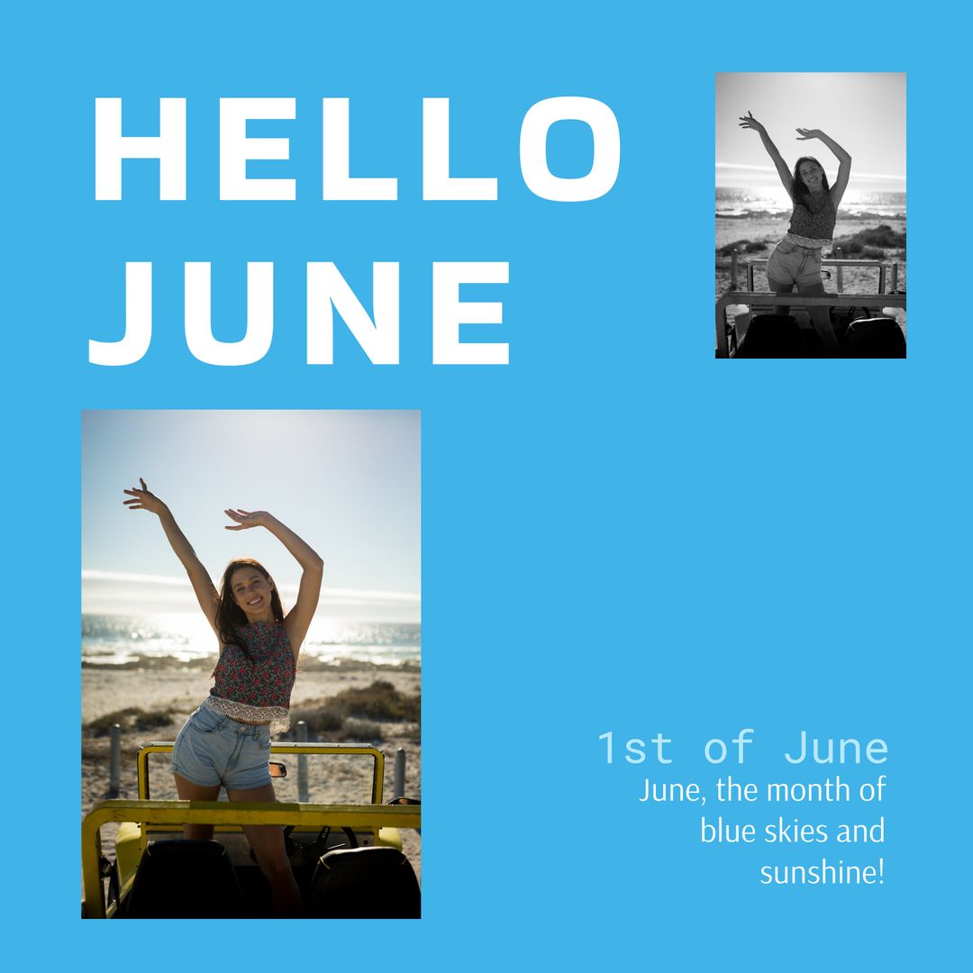 Cheerful Welcome to June with Woman at Beach in Joyful Mood