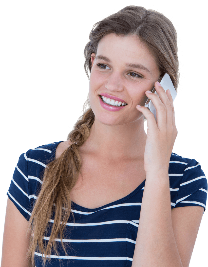 Smiling Woman Talking on Mobile Phone with Transparent Background