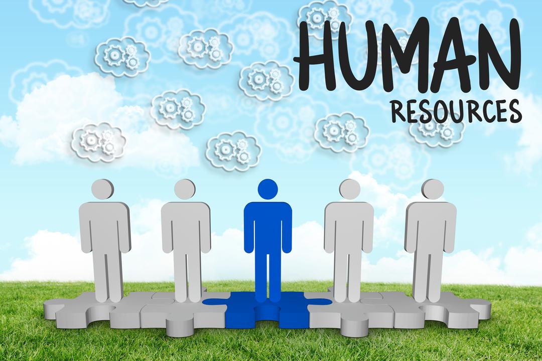 Conceptual Human Resources Graphic with Puzzle Figures Over Green Field Background - Free Images, Stock Photos and Pictures on Pikwizard.com