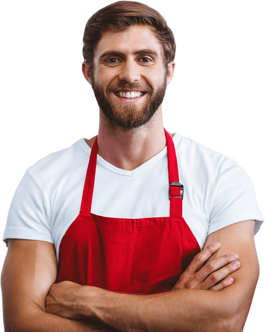 Smiling Male Server in Red Apron on Transparent Background
