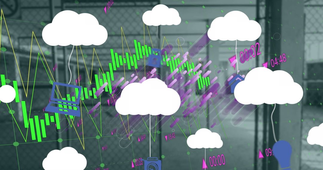Neon Data and Cloud Icons Over Industrial Yard Representing Digital Innovation