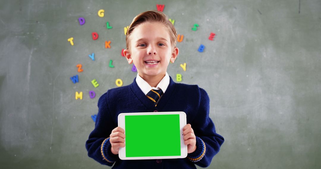 Smiling Schoolboy Holding Green Screen Tablet in Classroom - Free Images, Stock Photos and Pictures on Pikwizard.com