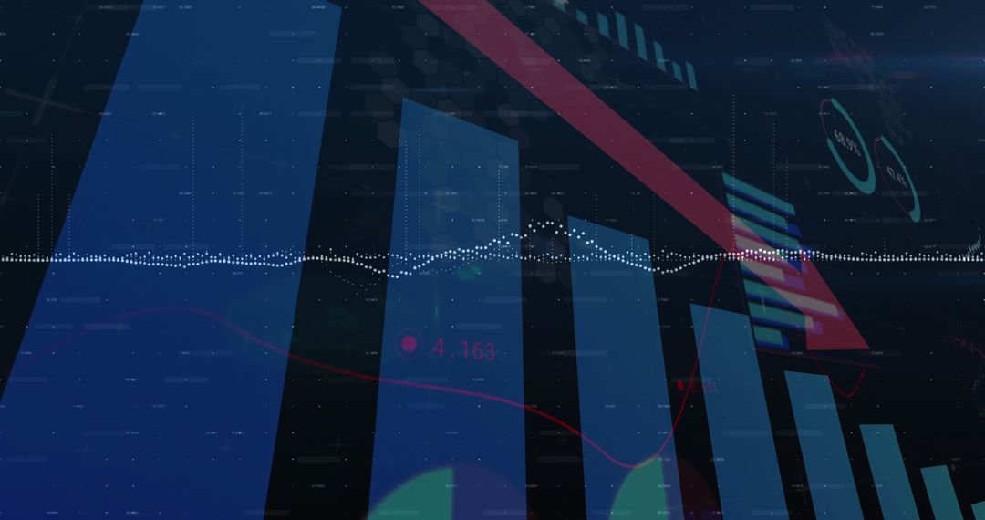 Financial Dashboard with Rising Charts and Red Decline Arrow