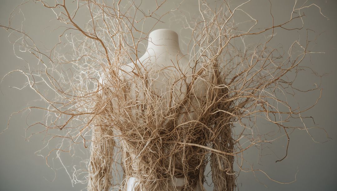 Mannequin Draped in Wild Twig Sculpture Evoking Organic Minimalism and Texture
