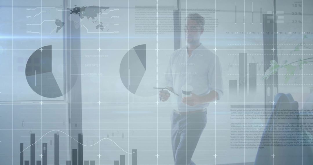 Walking male presenter holding coffee and remote with analytics and chart overlays
