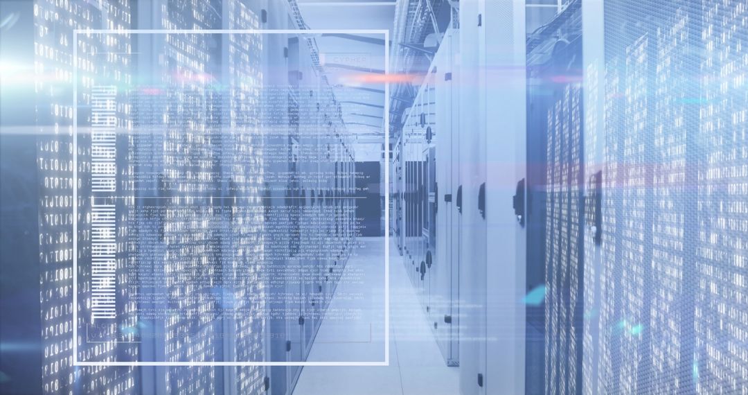 Futuristic Data Center with Digital Overlay and Light Streaks