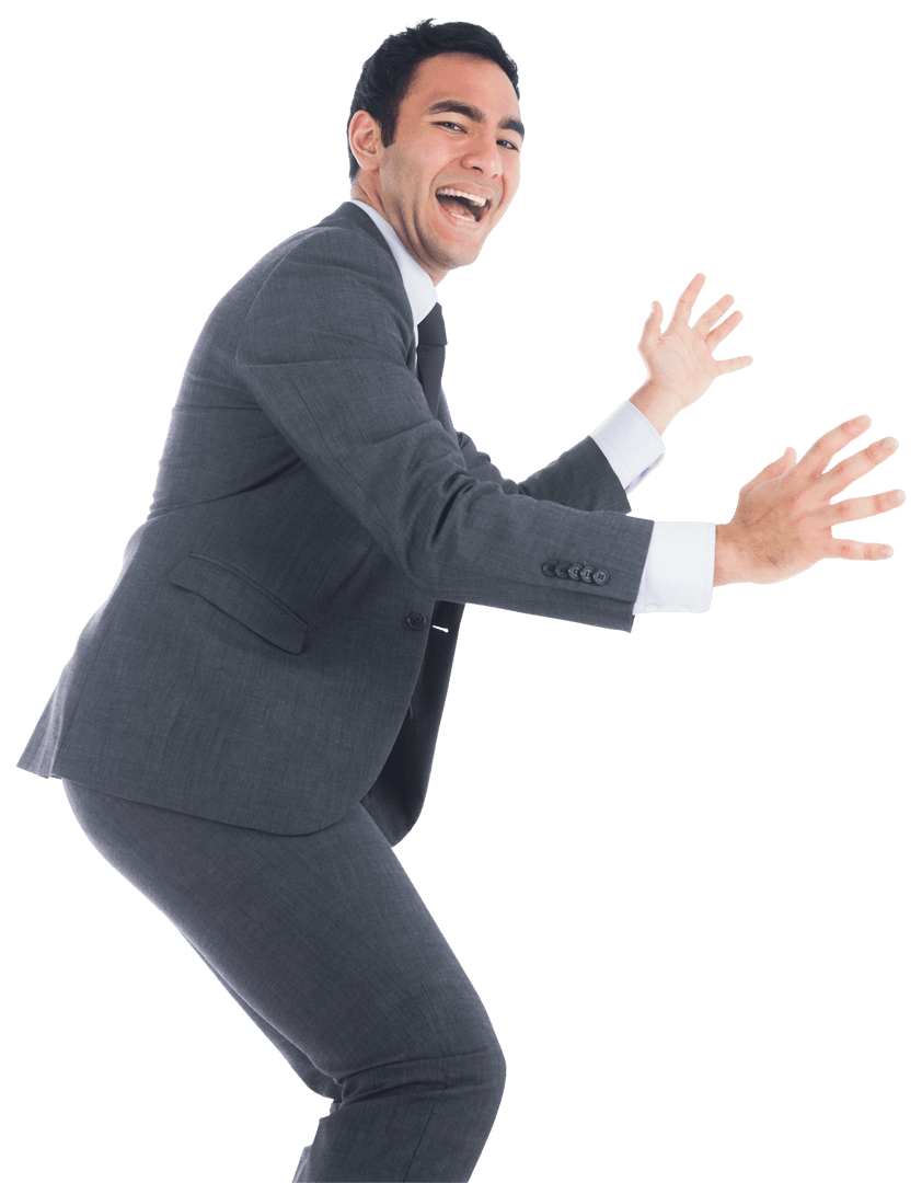 Cheerful Businessman Enthusiastically Engaging on Transparent Background