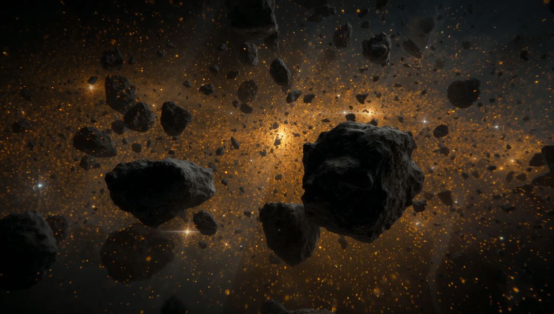 Asteroid Field Drifting Through Amber Nebula with Backlit Jagged Rocky Debris