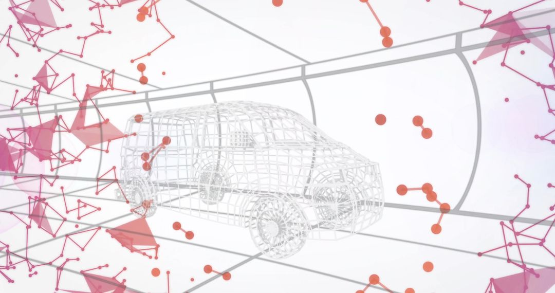 Futuristic Wireframe SUV with Network Nodes in Digital Tunnel