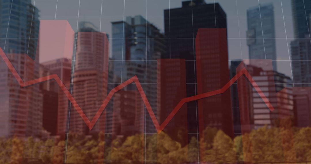 City Skyline Overlaid with Declining Financial Graph