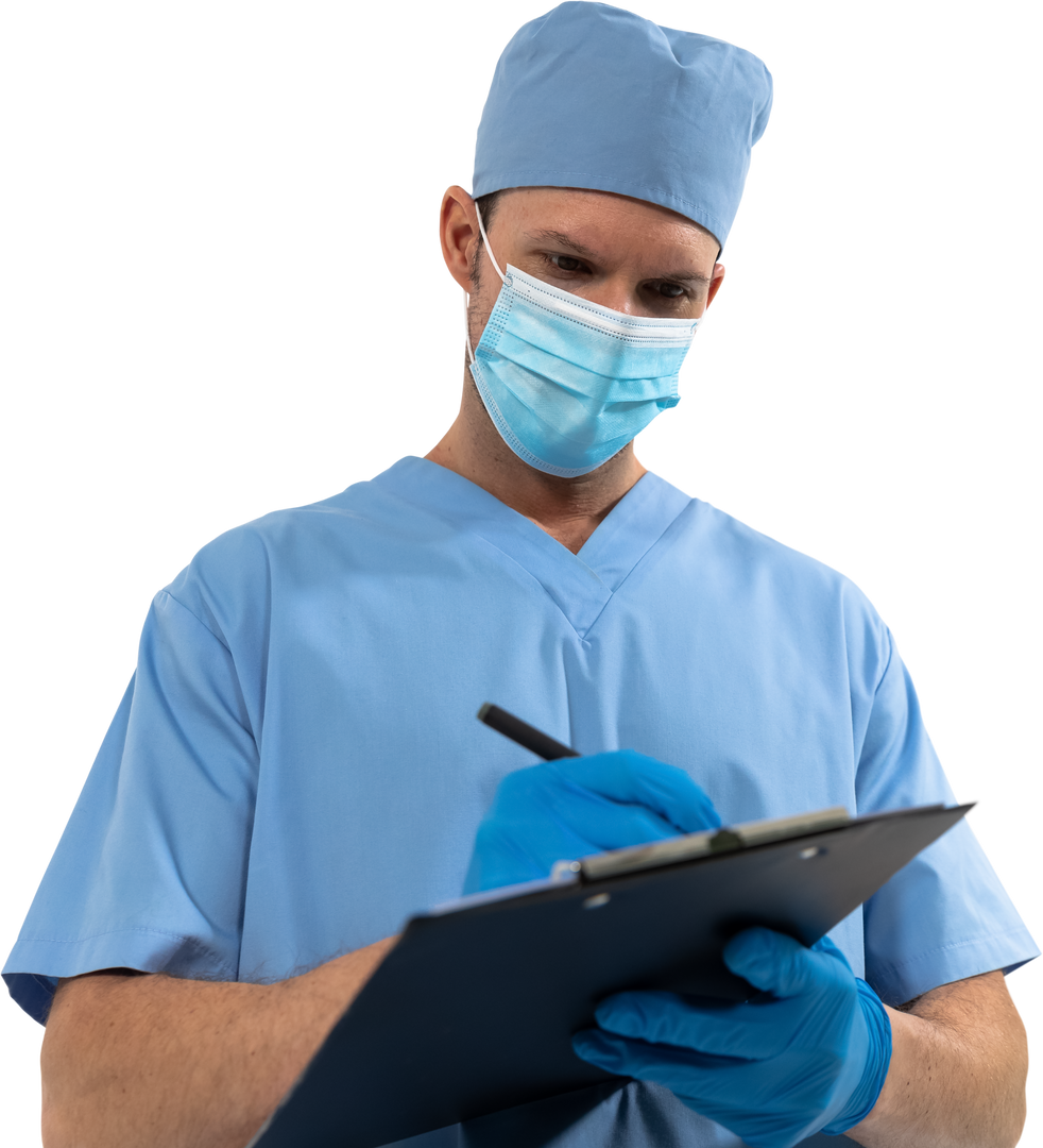 Health worker in transparent background writing on clipboard in protective gear - Download Free Stock Images Pikwizard.com