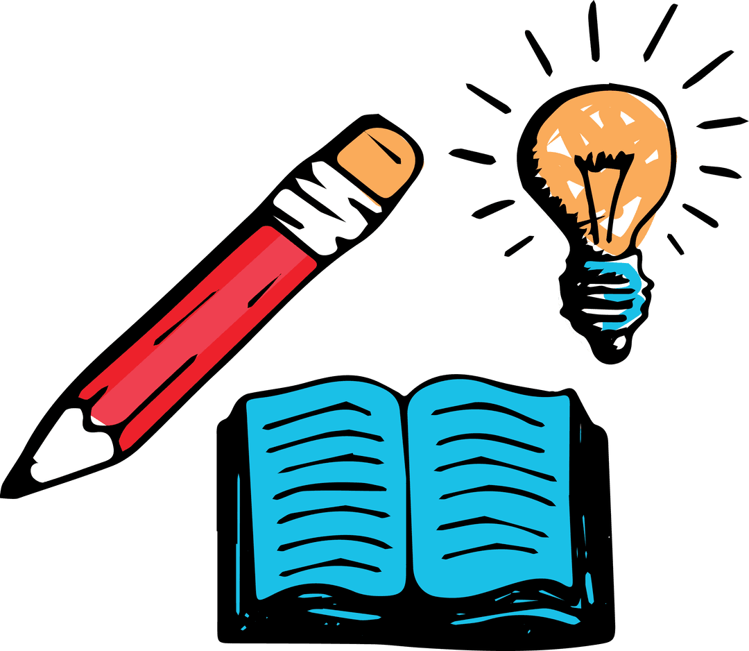 Transparent Illustration of Pencil Light Bulb and Notebook