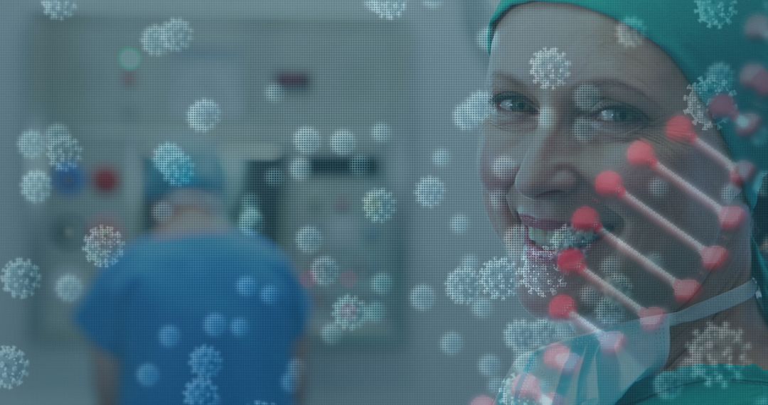 Smiling Surgeon in Operating Room with Health Technology Visualization