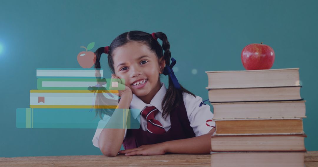 Smiling Schoolgirl With Books and Apple