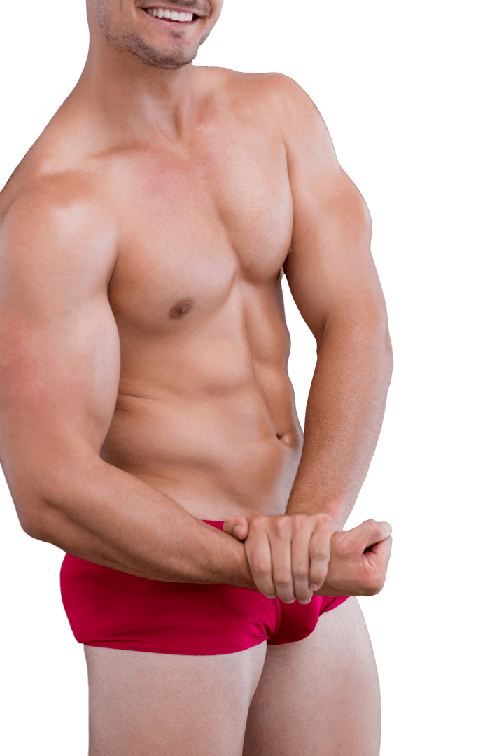 Caucasian Fit Man Flexing Muscles on Transparent Background
