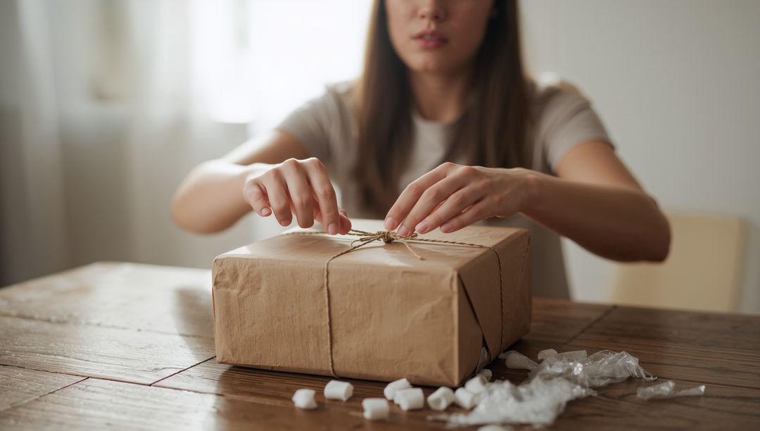Woman Untying Twine on Kraft Parcel on Wooden Table with Packing Peanuts
