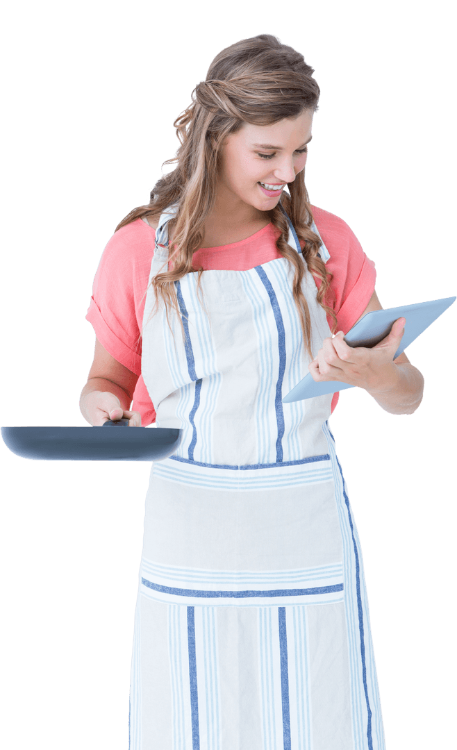 Cheerful Woman with Laptop Frying Pan Learning Cooking Techniques