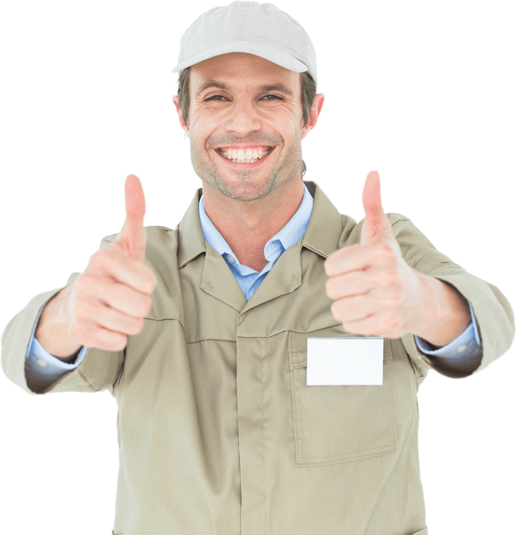 Smiling Delivery Man Giving Thumbs Up in Uniform Transparent