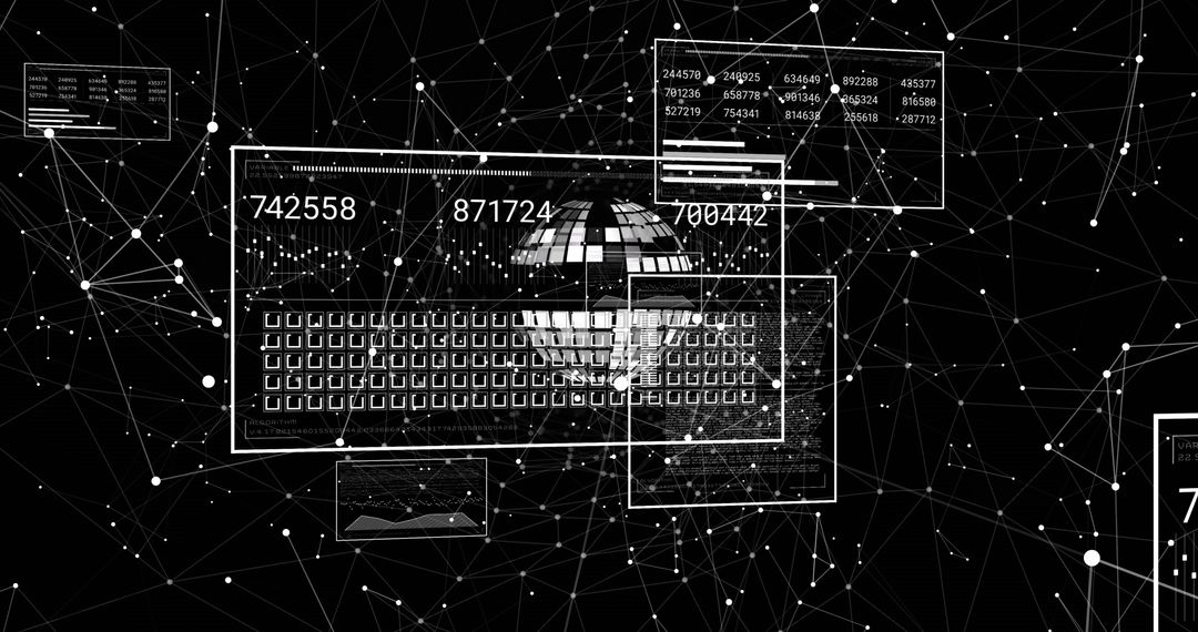 Digital Network with Globe and Data Interfaces on Black Background