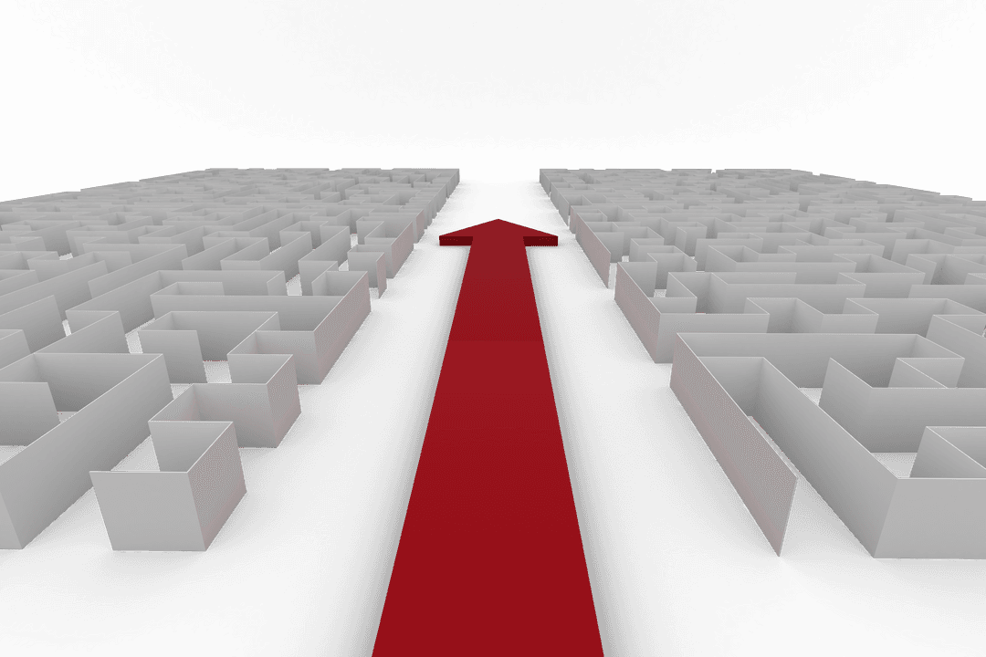 Transparent Red Arrow Through Grey Maze on Plain Background