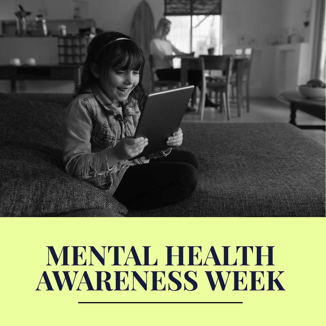 Caucasian Girl Using Tablet for Mental Health Awareness