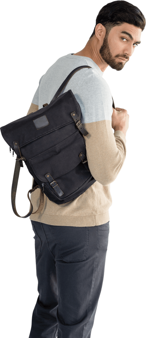Trendy Man Posing with Stylish Messenger Bag, Transparent Background